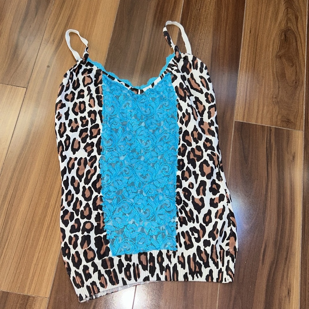 XS Bebe lace teal cheetah print stretchy tank top y2k
